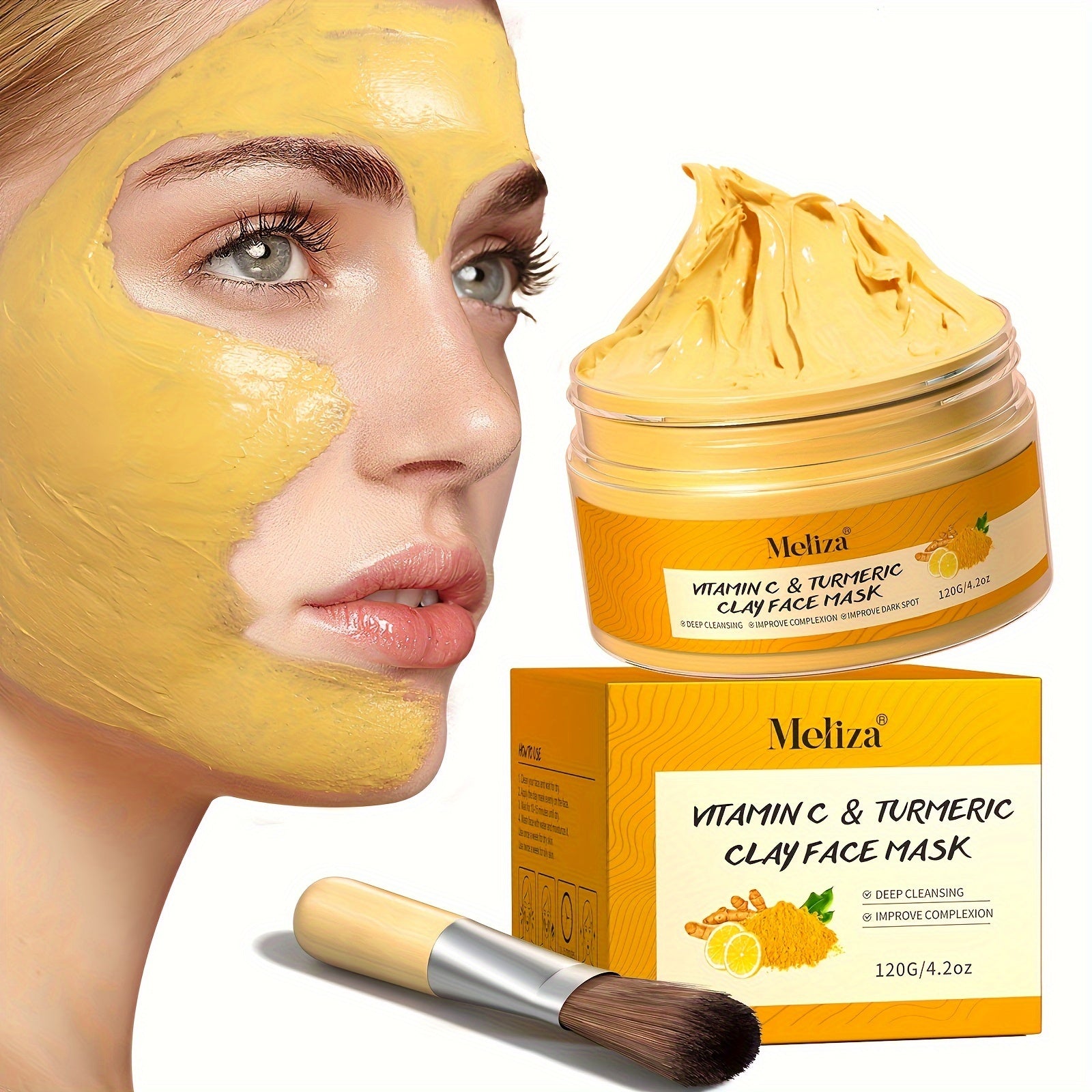 🌿 Kurkuma & Vitamine C Gezichtsmasker – 120g | Diepe Reiniging & Hydratatie met Applicator | Verhelderend en Voedend voor de Huid