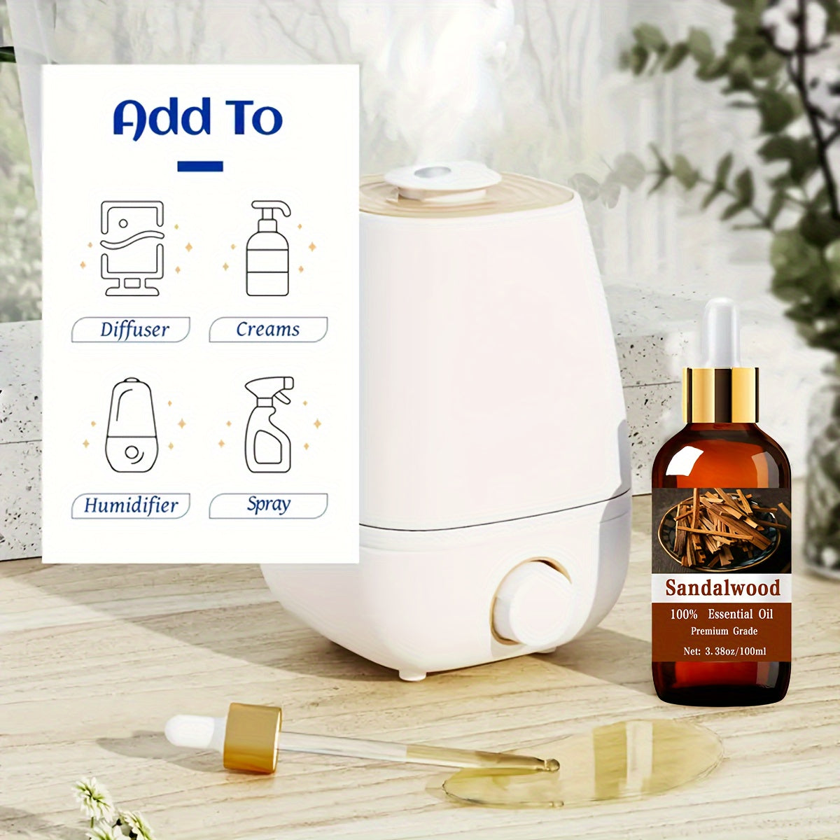 🌿 Sandelhout Essentiële Olie 100ml – 100% Natuurlijk & Veelzijdig voor Huid, Haar en Geurbeleving