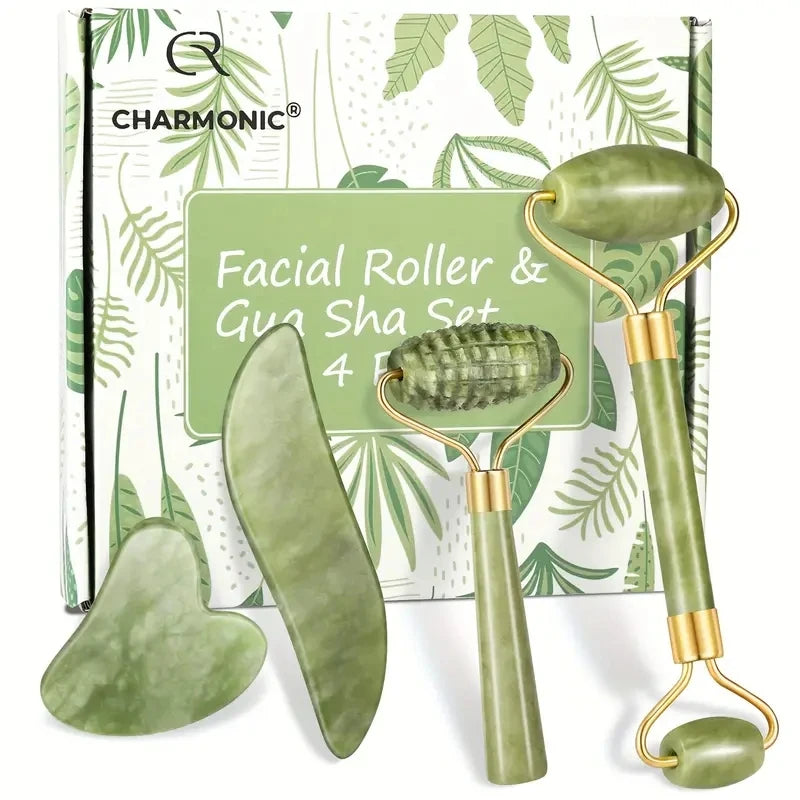 Set van 4 Jade Roller & Gua Sha Tools – Gezichts- en Nekmassage voor Stralende Huid | Perfect Cadeau